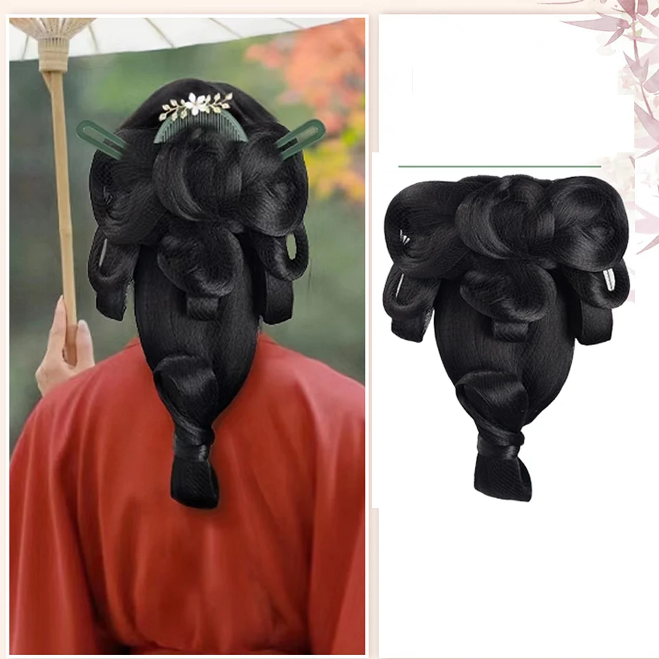 Sintético Chinês Tradicional Retro Cabelo Preto, Hanfu Hair Bun Pad, Alta Antiga Princesa TV Cosplay Peruca, Chignon, Tradicional