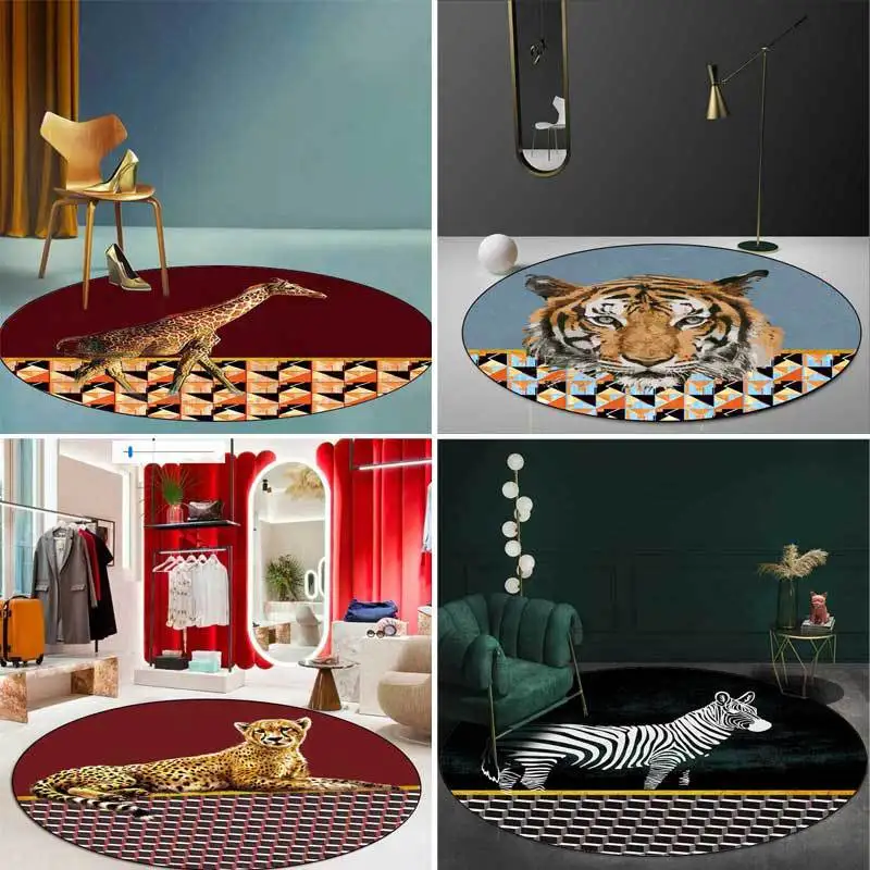 

Fashion Animal Tiger Giraffe Horse Geometric Mosaic Living Room Bedroom Round Floor Mat Carpet Room Decoration Teenager POD