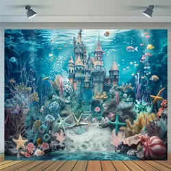 Polyester Underwater World Photography Background Sea Dream Castle Turtle Shell Sea Star Mermaid Theme Shower