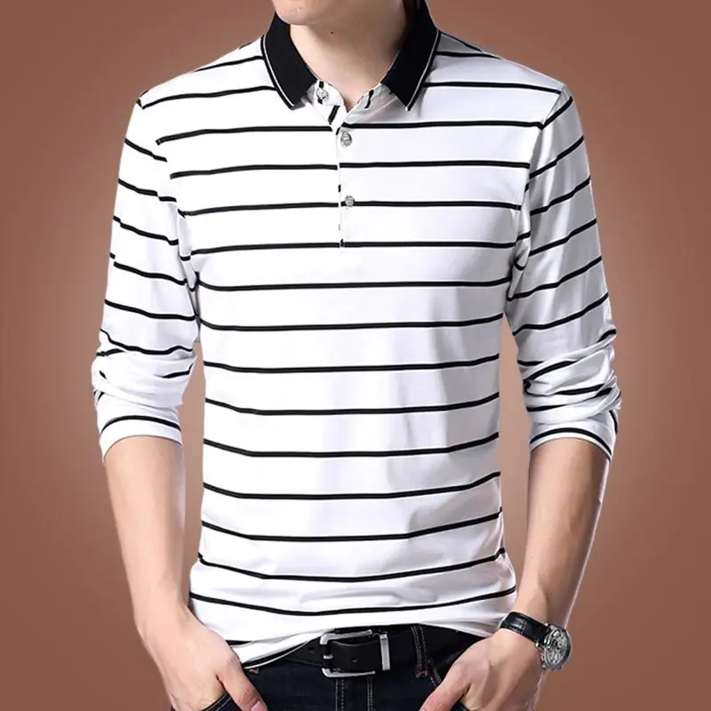 Korean High-end Pure Cotton Long Sleeved PoloT Shirt Slim Lapel Button Business Casual Black and White Striped High Elastic Top