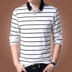 Korean High-end Pure Cotton Long Sleeved PoloT Shirt Slim Lapel Button Business Casual Black and White Striped High Elastic Top