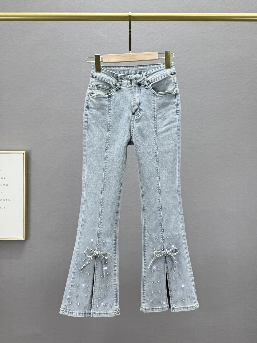 

High Waist Slim Fit Bell Bot Jeans Women's Faion Spring Summer Diamond Embellied Cotton Stretch Denim Nine Point Pants