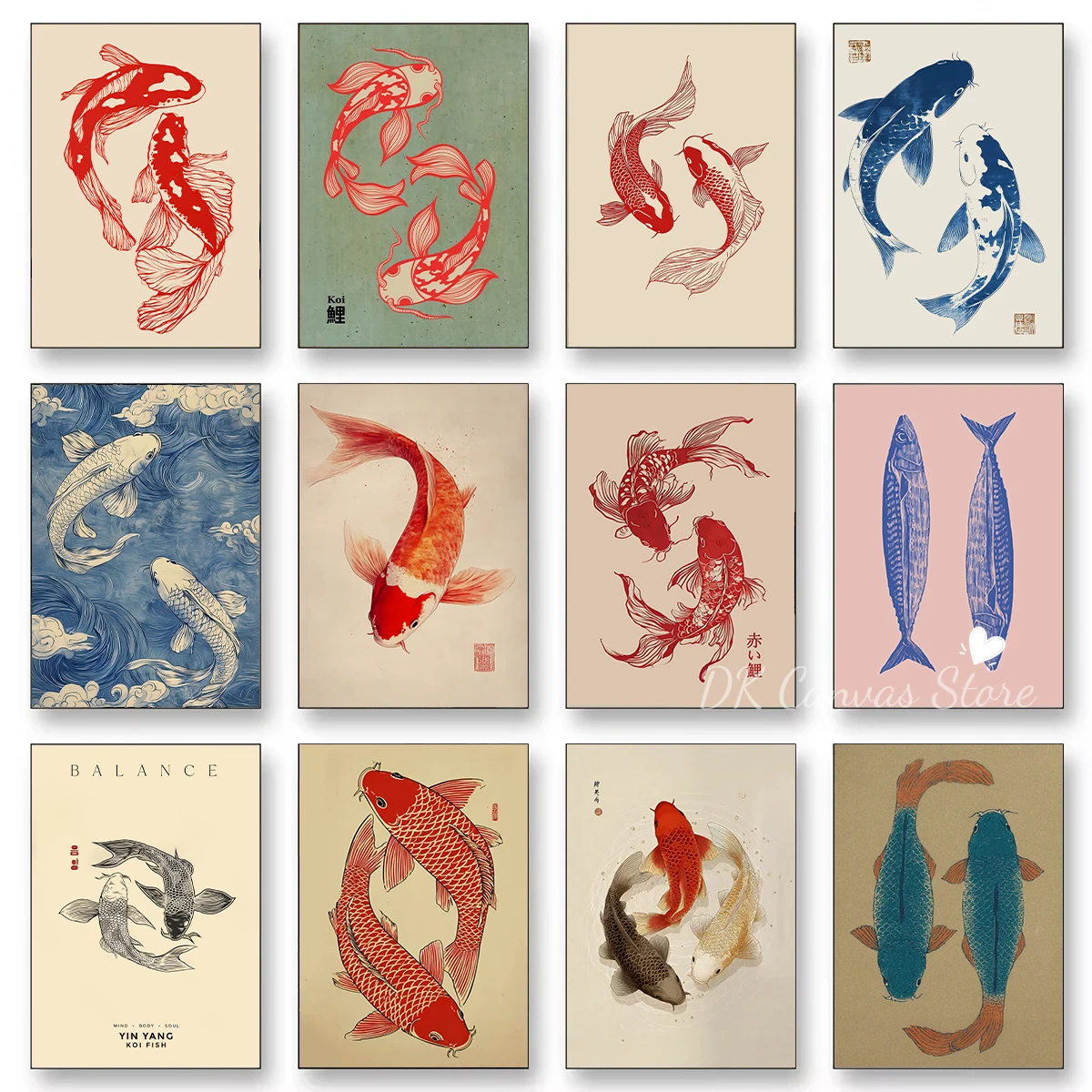 1pc frameless Canvas Painting Japanese Koi Fish Canvas Prints Poster Japandi Vintage Fish Aesthetic Art Prints Bedroom Kitchen H