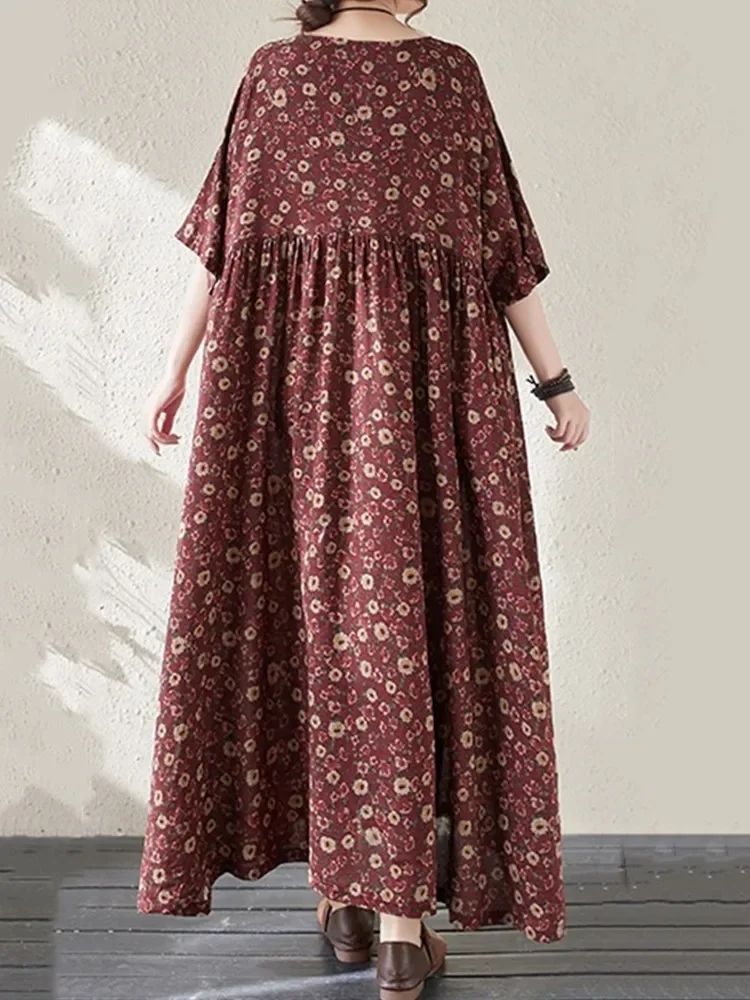 short sleeve oversized cotton vintage floral new in dresses for women casual loose long summer dress elegant clothing 2025