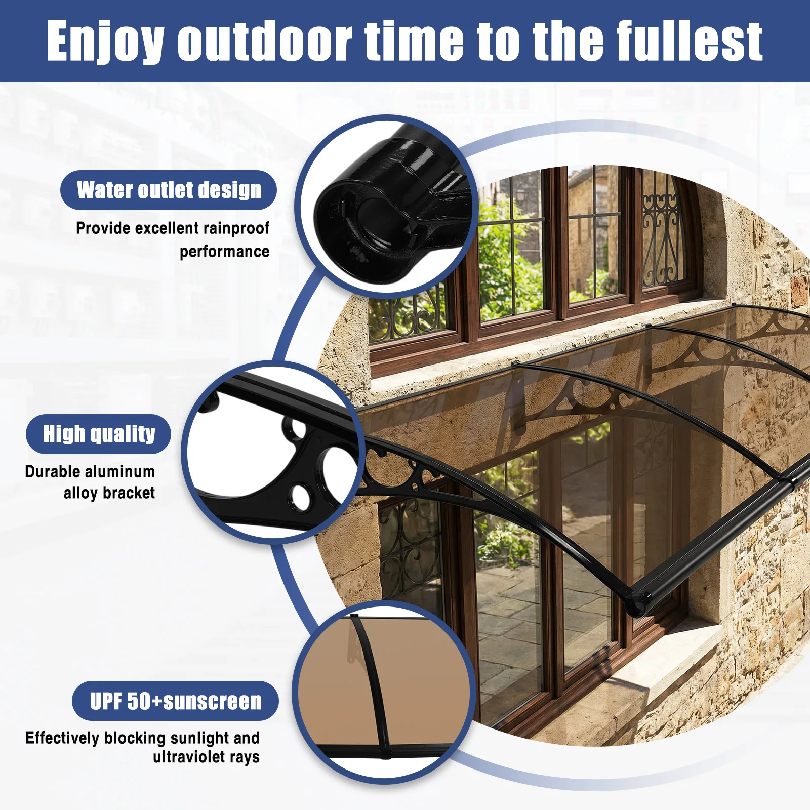 

Awning for Door Entrance Strong Load-Bearing Capacity Overhead Door Awning with Drainage Sink for Rain Snow Sunlight Protection