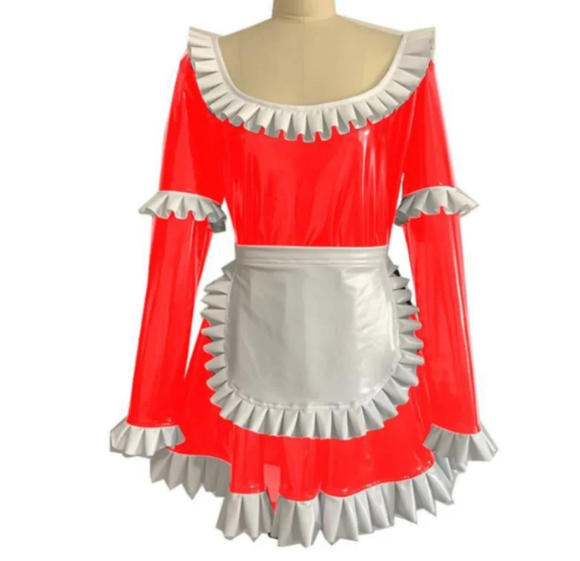 Casual Dresses Women Sweet Classic Lolita Fancy Apron Maid Cosplay Role Play Costumes Patent Leather Sexy Dress Crew Neck Lotus