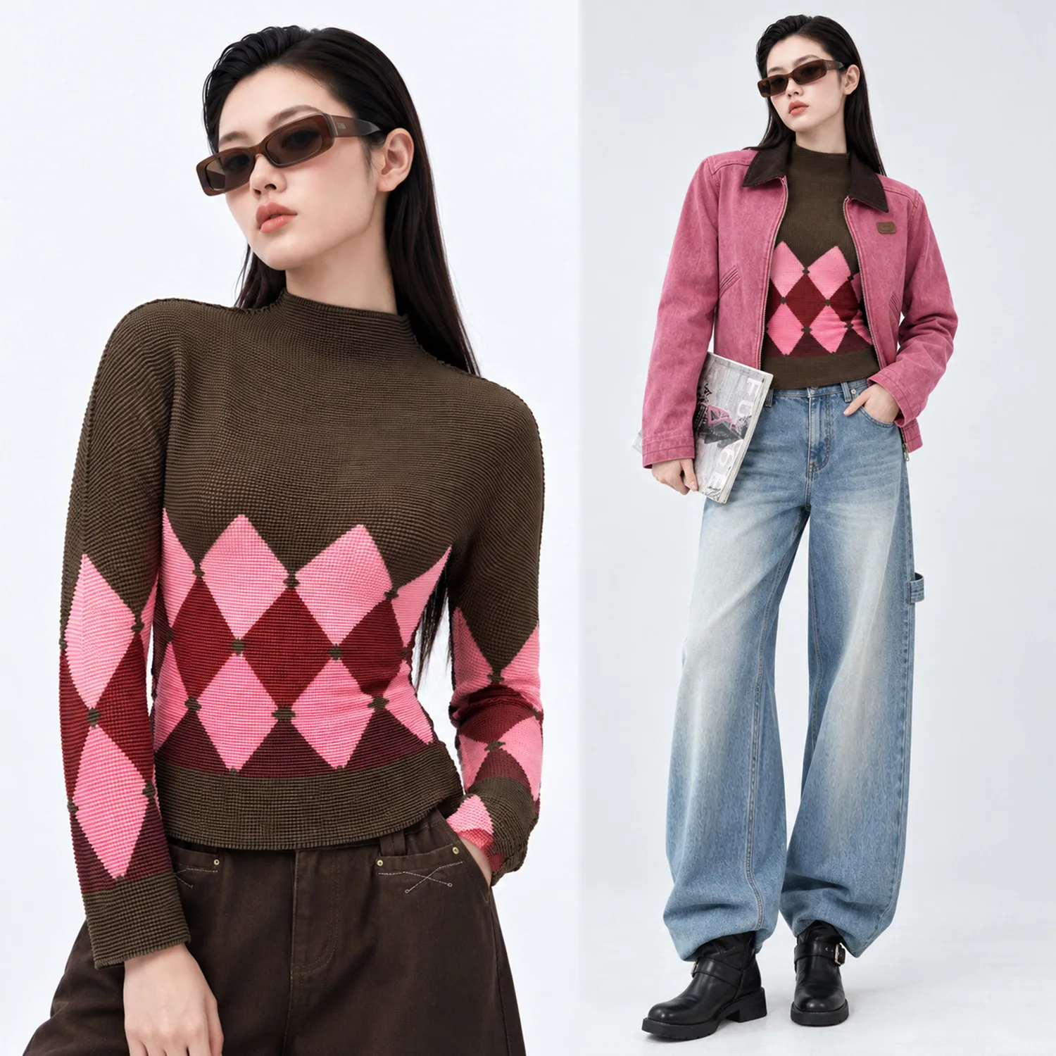Fold Miyake Pleated Argyle Sweater Women Mock Neck Long Sleeve Brown Pink 2026 Fall Winter Preppy Retro Cozy Chic Knitwear Top view 5