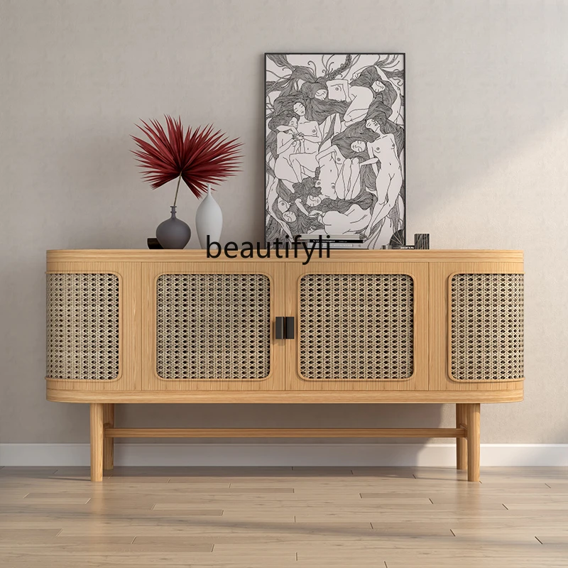 Nordic Solid Wood Sideboard Hotel Homestay Rattan Woven Storage Cabinet with Entrance Cabinet Wood Color