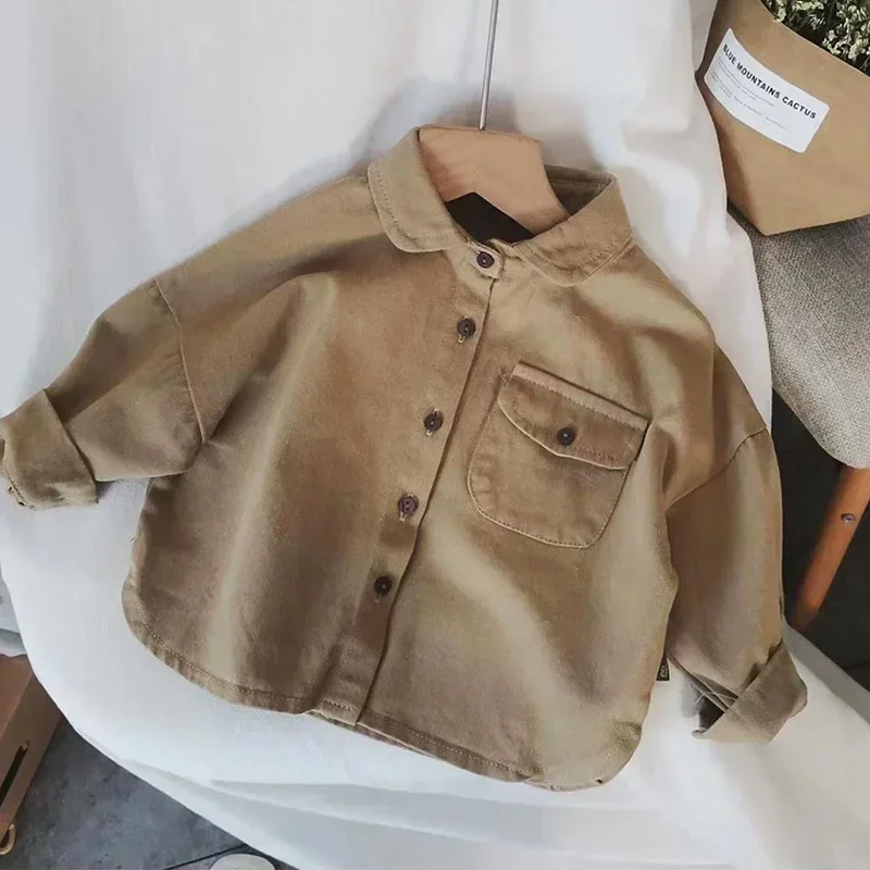 Kid Shirts Children Shirt 2024 Spring and Autumn Boy Korean Version of Retro Solid Color Shirt Baby Casual Long-sleeved Coat