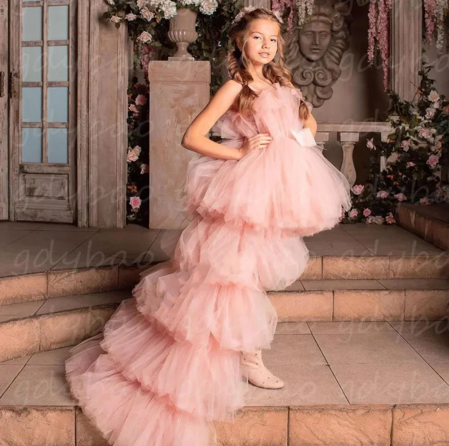 

New 2024 Flower Girl Dresses For Wedding Tiered Tulle Puffy Princess Kids Pageant Dress Birthday Party Ball Gowns 1-14T