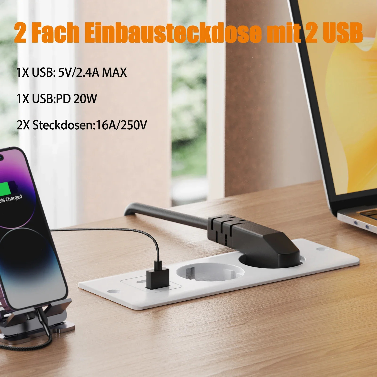 HITRENDS EU desktop built-in power strip 110~250V 2 AC power sockets 2 USB 1 Type-C desk power socket with 2m cable extension