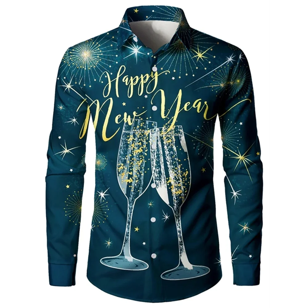 2026 Happy New Year Pattern Three-dimensional Printing Men's Long-sleeved Shirt Spring New Fashion Casual Unisex Party Clothes