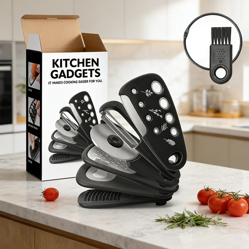 6Pcs Kitchen Gadgets Set Stackable Cheese Grater Bottle Opener Vegetable Peeler Herb Stripper Pizza Cutter Garlic Grinder Tools