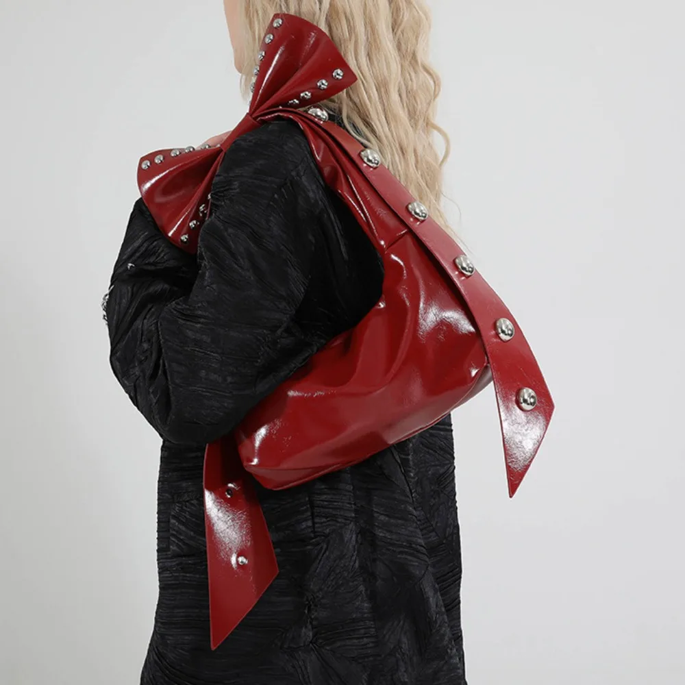 

Casual Aesthetic Exaggerated Bow Bag Chic Sweet Rivet Shoulder Bag Handbag Magnetic Buckle PU Leather Bag Streetwear