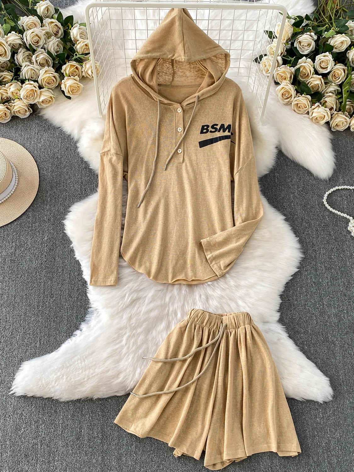 

Модный вязаный комплект для женщин с толстовкой с буквенным принтом, повседневный костюм с высокой талией, осенний сезон, уличный костюм из двух предметов