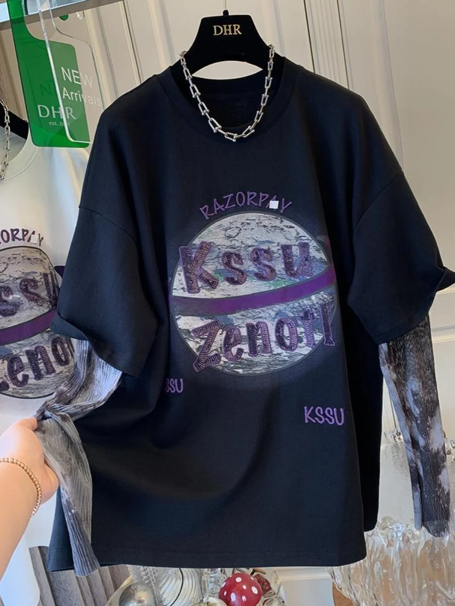 

plus Size Women's T-irt Embroidered Patchwork Dyed Sve Loose Fit Casual Top Korean Sle round Ne Long Sve Summer