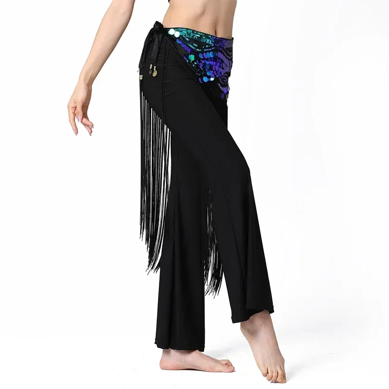 New Dynamic Belly Dance Waist Chain Waist Ornament Women Triangle Long Tassel Oriental Dance Sequins Black Hip Scarf 4 color