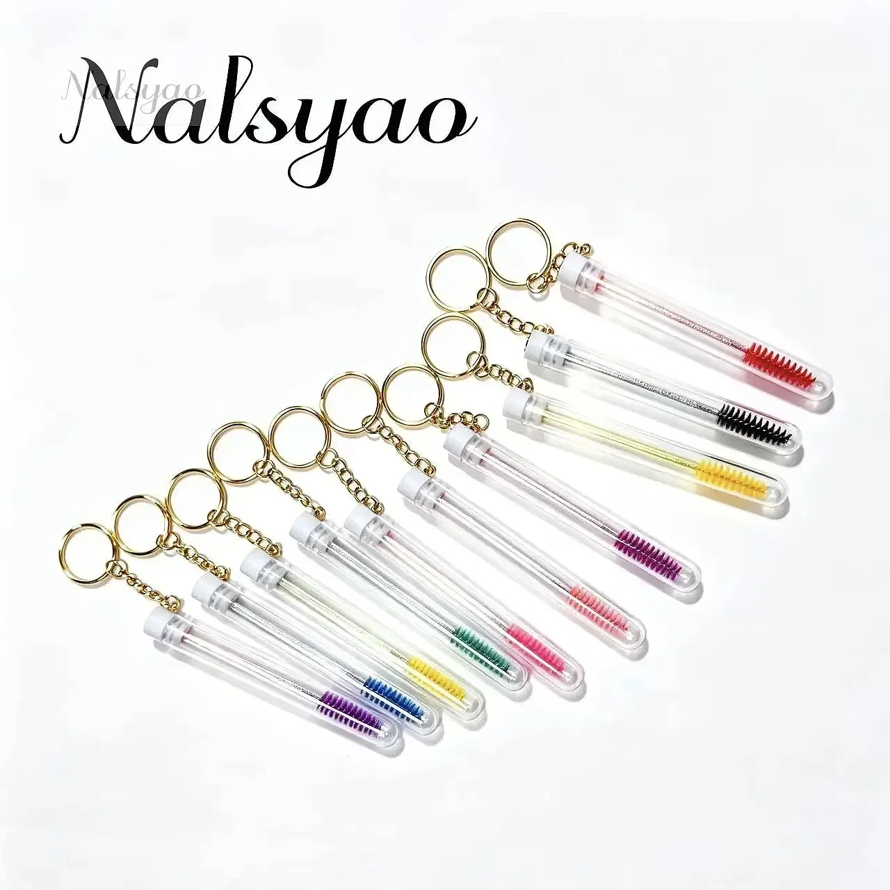 Lash Spoolies Comb Brushes 10pcs Reusable Eyelash Brush Tubes with Gold Keychain Sparkling Mascara Wands Container