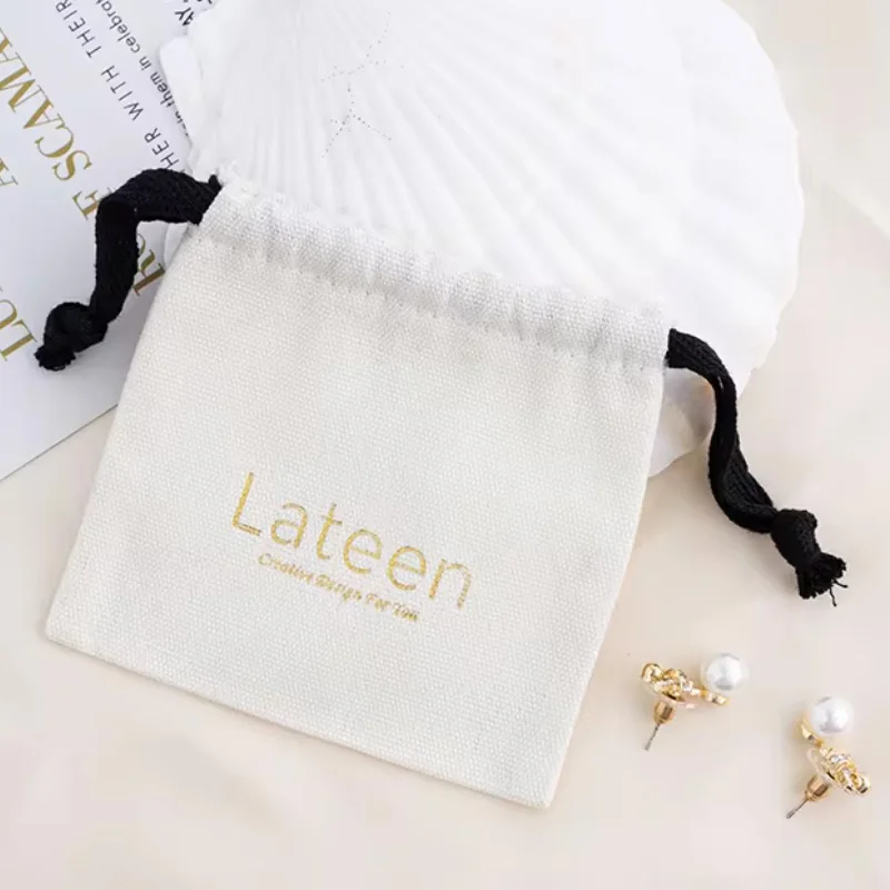 Reusable Cotton Canvas drawstring bag with Gold Logo 5x7cm 7x7cm 10x10cm 11x14cm Jewelry Packaging Dust Sack