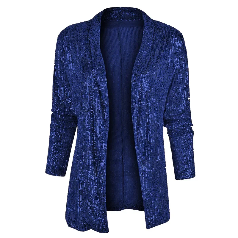 Spring New Sequined Long Sleeve Mid-Length Blazer Jacket Suit Polo Collar Solid Color Coat Women Fashion Sexy Blazers