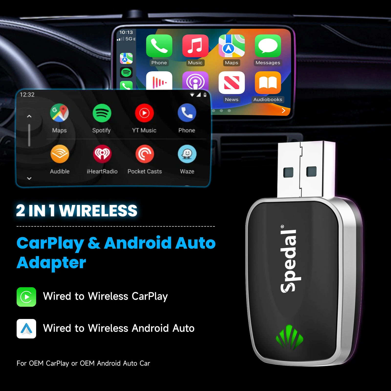 Spedal 2-in-1 Wired to Wireless CarPlay Adapter & Android Auto Wireless Adapter Plug & Play