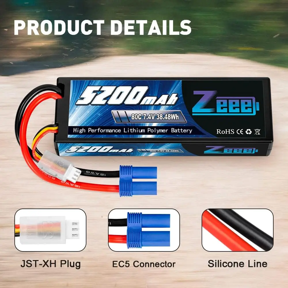 Zeee-Bateria Lipo Para Veículos Automoativos RC, Modelos de Drone Truggy Buggy, 2S, 5200mAh, 7.4V, Bateria 80C Hardcase, EC5, Plugue 3 T, 1/8, 1/10,