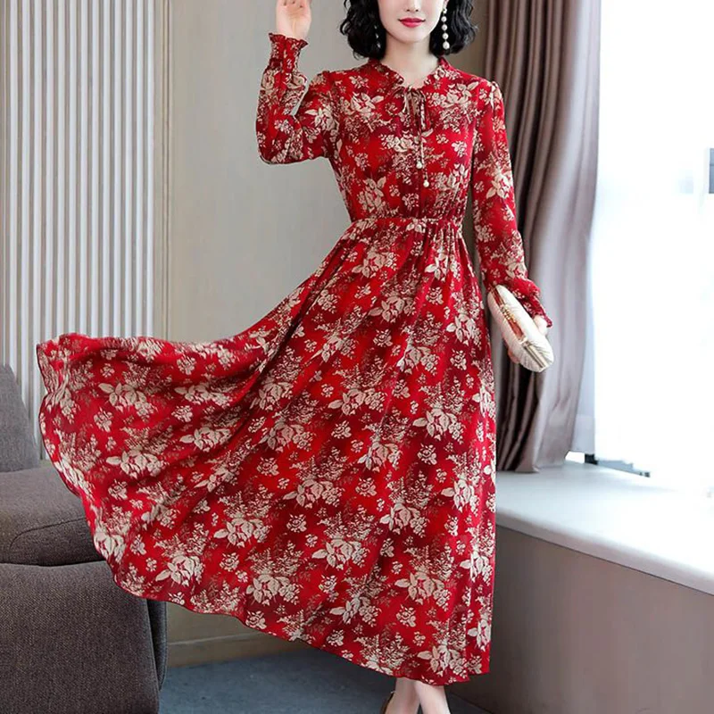 

Vintage Printed Shirring Ruffles Lace Up Bow Floral Dress Women's Clothing 2023 Autumn New Oversized Office Lady Midi Dress