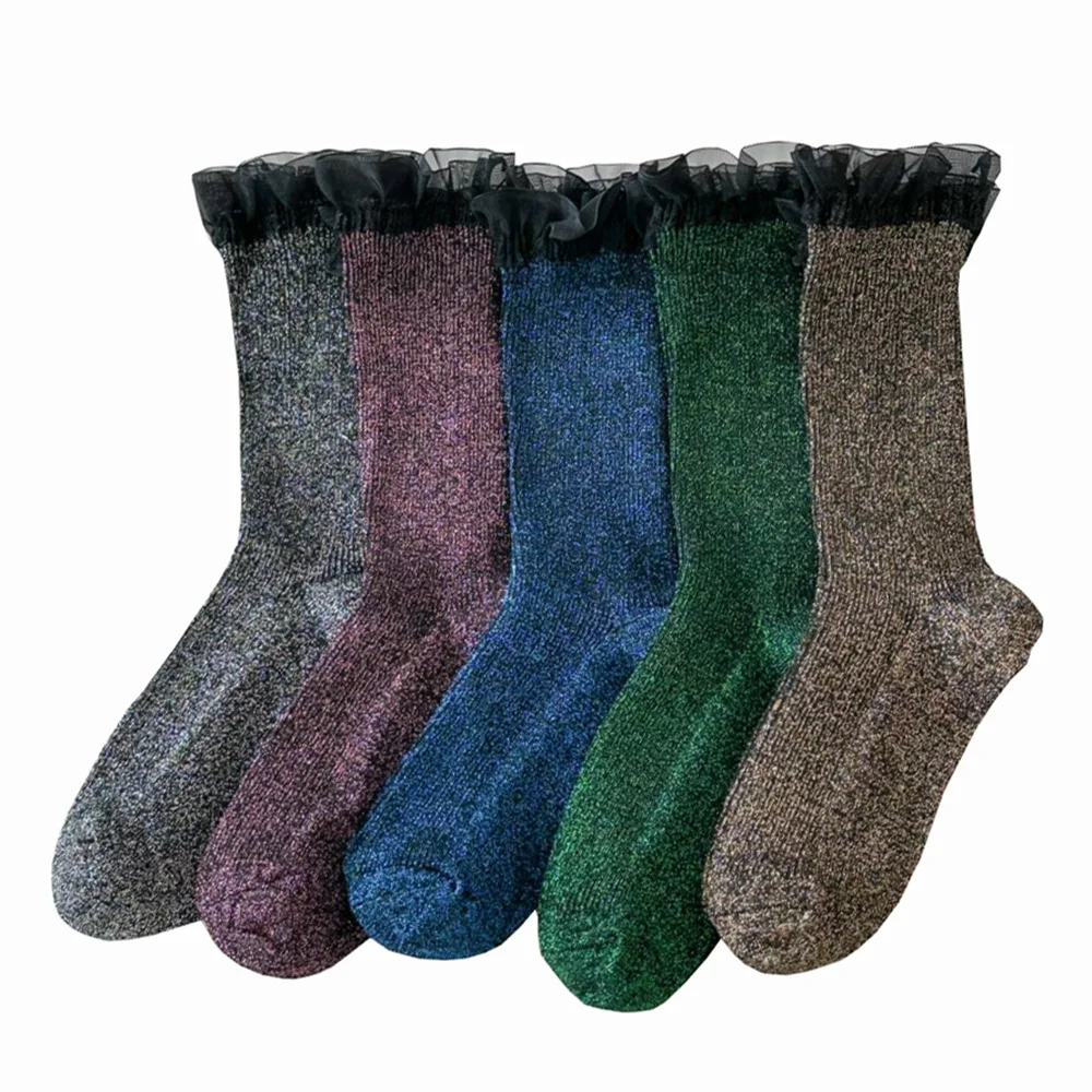 5 Packungen süße Damensocken mit Spitzenrand und glänzenden goldenen und silbernen Fäden, bequeme Socken im No-Bitches-Design für Damen