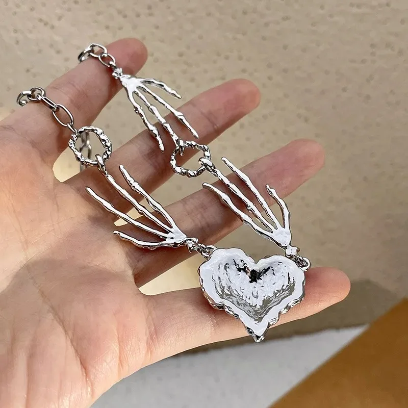 Gothic Ghost Claw Red Heart Necklace Irregular Dark Love Chain Necklaces Unisex Punk Harajuku Goth Big Heart Pendant Necklace image 4