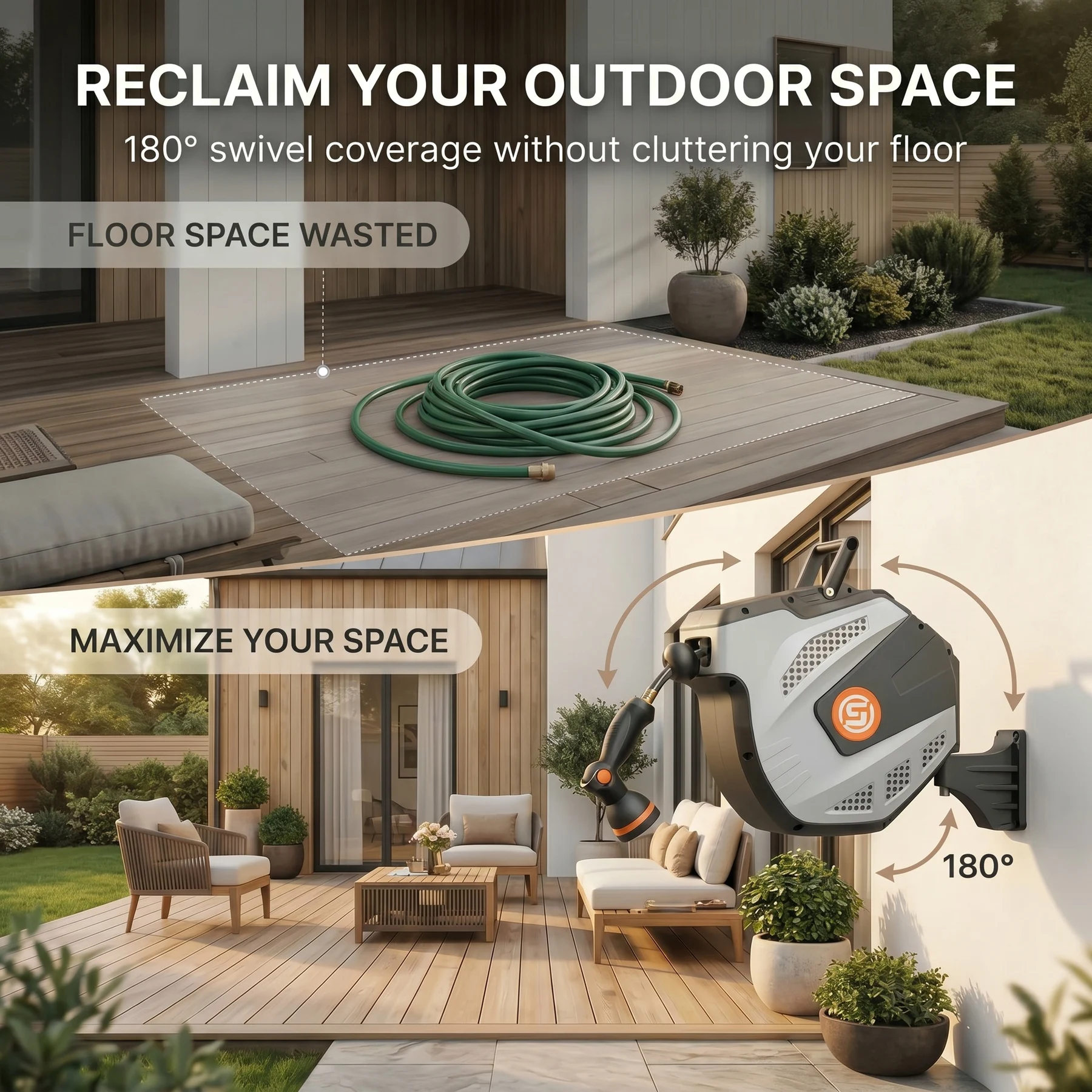 SUNPOW Retractable Wall Mounted Garden Hose Reel, Heavy-Duty 1/2 inch X 50ft, Leak-Proof 3/4 inch Brass Fitting, 10-Pattern Spray Nozzle, Any Length Lock, Auto Rewind, 180° Swivel Bracket for Garden Watering Car Washing, Grey