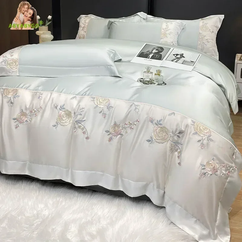 Luxury Bedding Set Advanced Floral Embroidery Summer Ice Silky Bed Linen Quilt Cover Set Duvet Cover Bed Sheet and Pillowcases