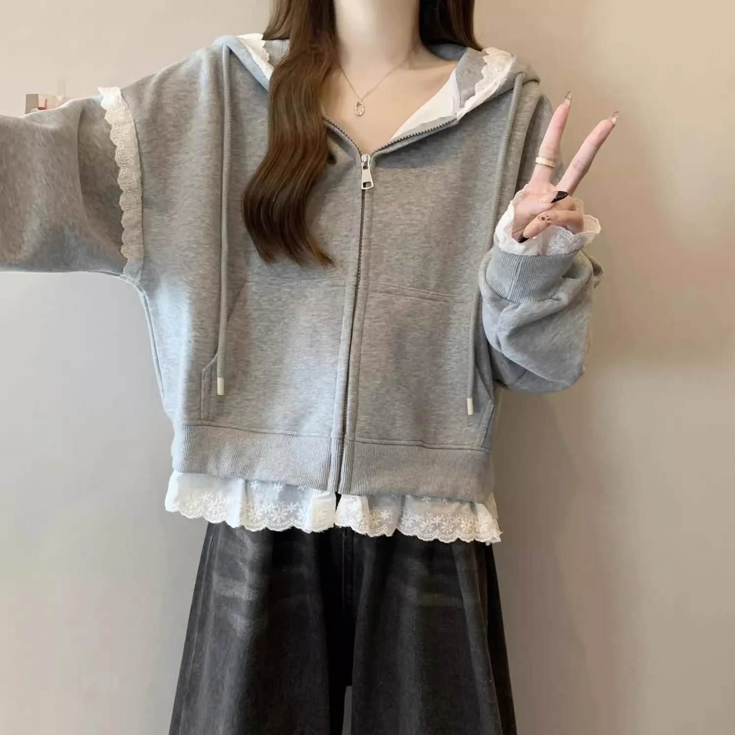 Original Workmanship Hooded Cardigan Jacket Women's plus Size Slimming High-End Lace Flower Edge Autumn Outerwear