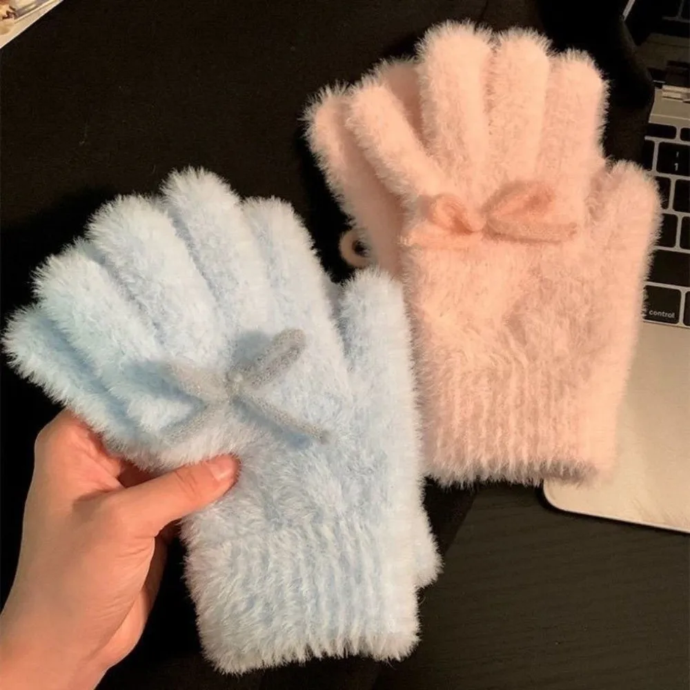 

Cute Milk Blue Milk Powder Plush Knitted Gloves Windproof Bowknot Warm Mittens Thick Coldproof Autumn Winter Gloves Women