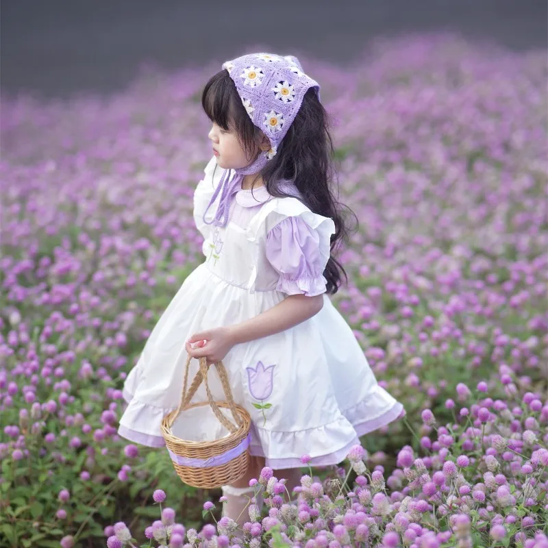 

Ins Handmade New Vintage Vintage Purple Fake Two-piece Embroidered Girls Short-sleeved Cotton Sweet Princess Flower Girls Dress