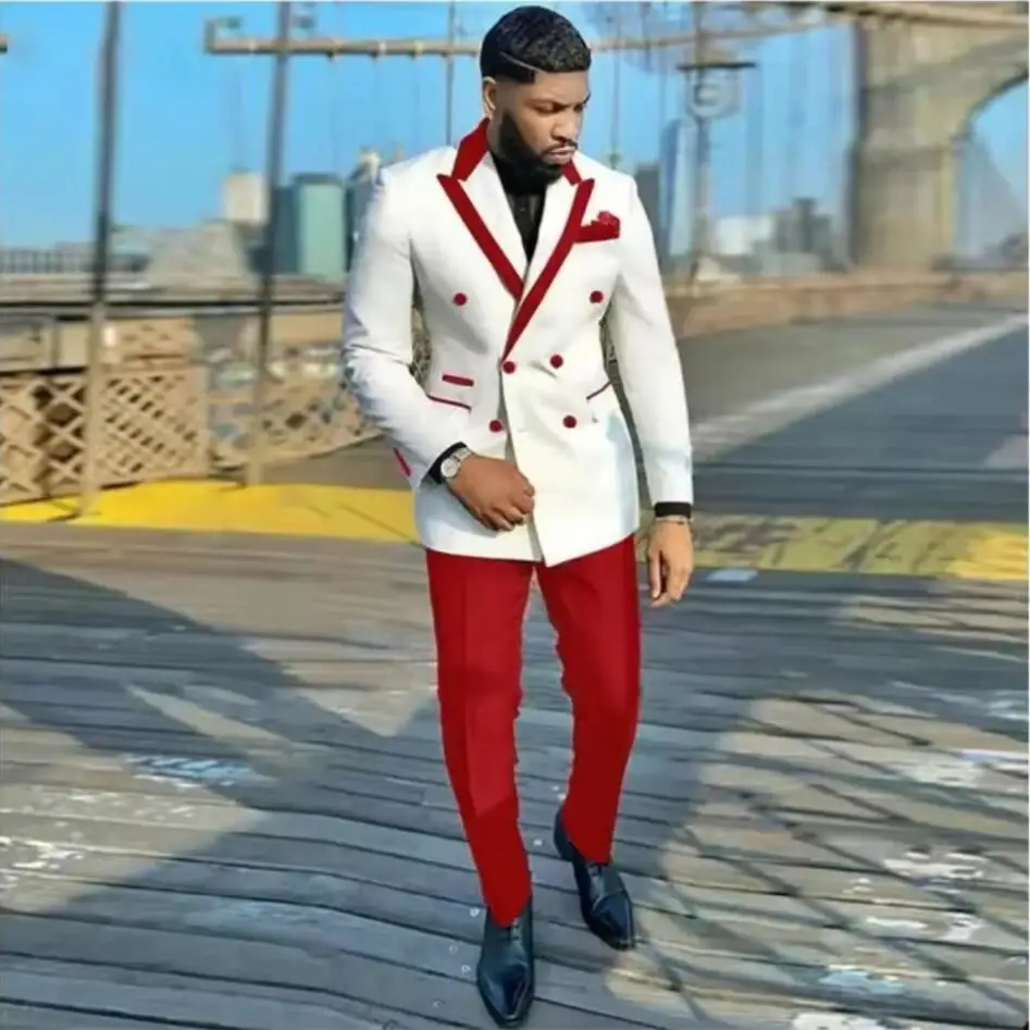 

New Tailored White Double Breasted Men Suits Top Lapel Tuxedo Slim Fit Male Costume Pour Homme Groom Two Pieces Prom Sets 2025