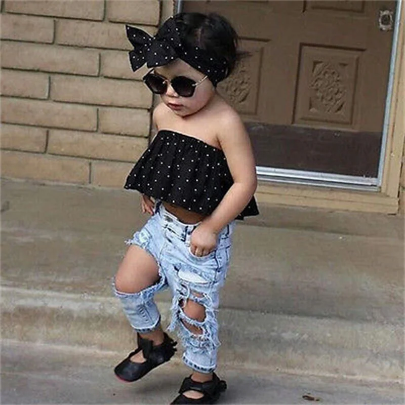 Toddler Baby Kid Girl Clothes Set Off Shoulder Tank Top Denim Jeans Pants Outfits Children Girls Costumes Summer