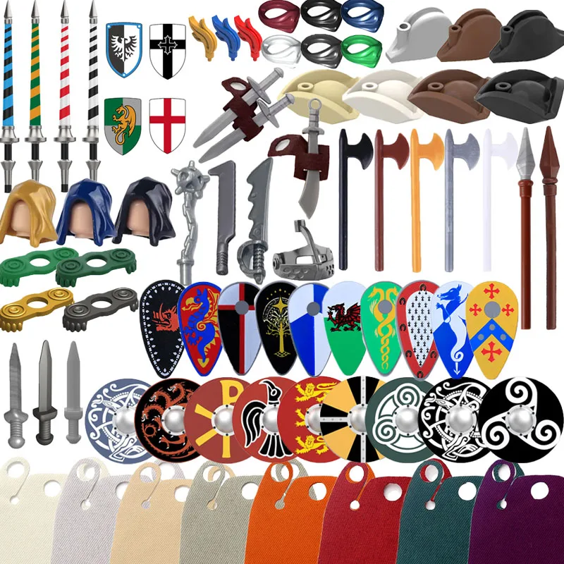 

Medieval Military Castle Knight Figures Accessory Building Blocks Soldier Templar Teutonic Rider Shield Cloak Waffen Spear Brick