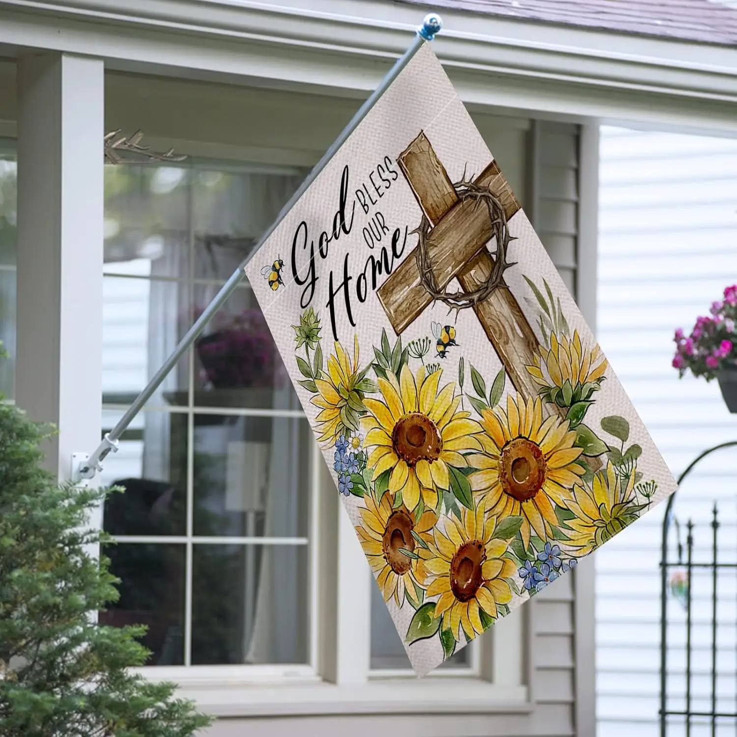God Bless Our Home Spring Summer Easter Decorative House Flag, Religious Cross Sunflower Floral Garden Yard Outside Decorati PPZ
