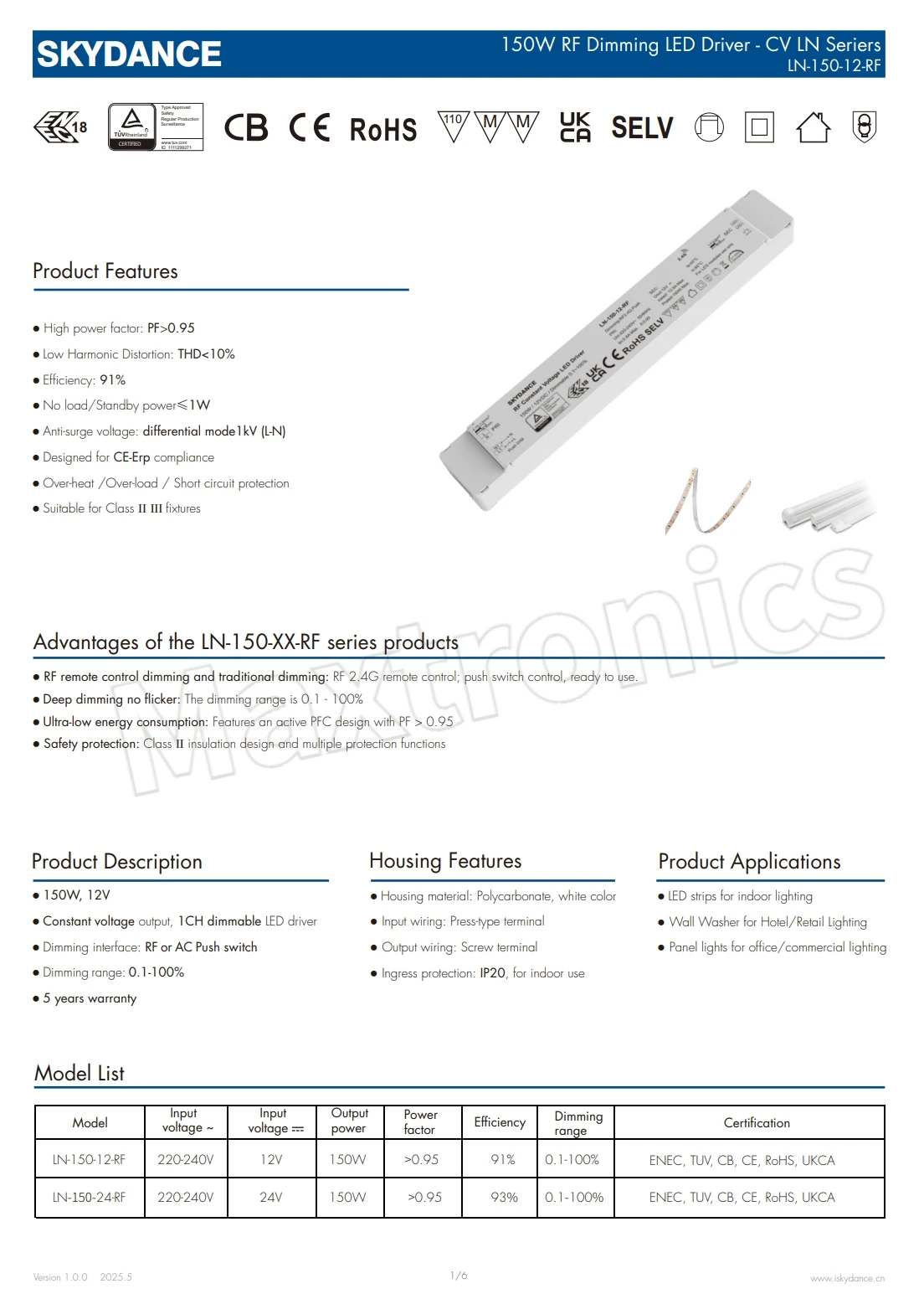 NEW DC12/24V LED Driver RF+Push Constant Voltage Dimmable Power Supply150W LN-150-12-RF/LN-150-24-RF for Led Strip Light/Modules