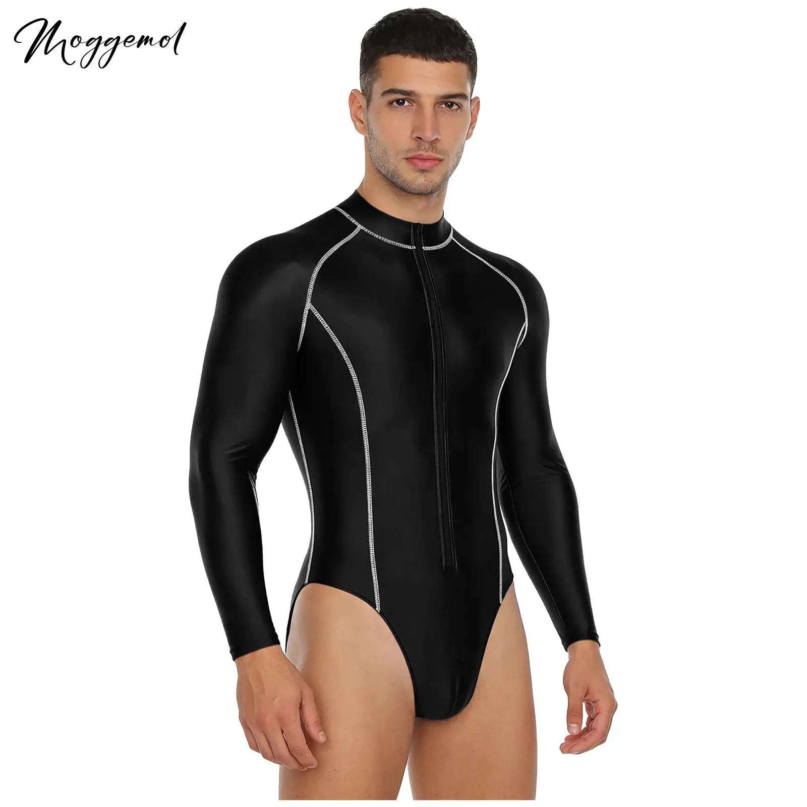 

Mens Glossy High Cut Bodysuit Mock Neck Long Sleeve Front Zipper Leotard Swimsuit Rash Guard for Beach Surfing Swimming Workout