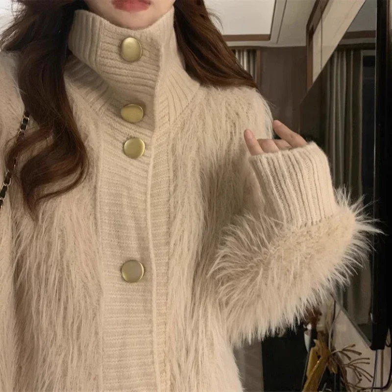 Imitation Mink Cashmere Sweater Cardigan plus size Autumn Winter High Neck Soft Waxy Coat Women's Elegant Wool Knitted Thickened