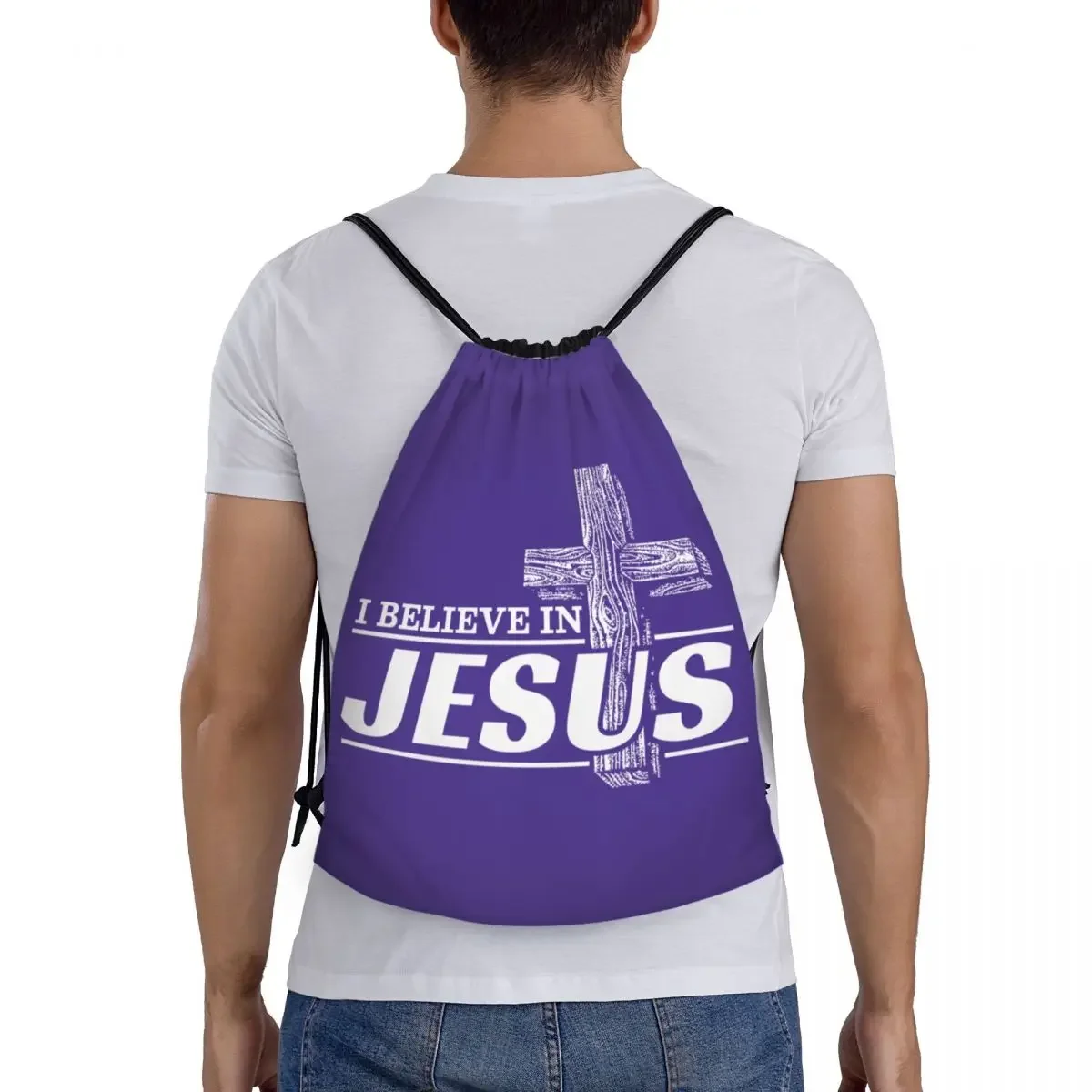 Mochila con cordón personalizada para hombre y mujer, bolso ligero con diseño de I Believe In Jesús, para almacenamiento de deportes y gimnasio