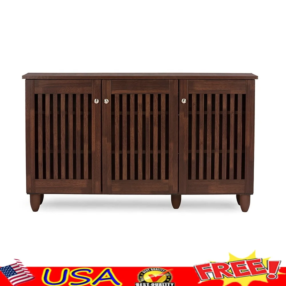 

Contemporary 3-Door Oak Brown Wooden Shoe Storage Cabinet with Magnetic Doors and Metal Handles Entryway Organization
