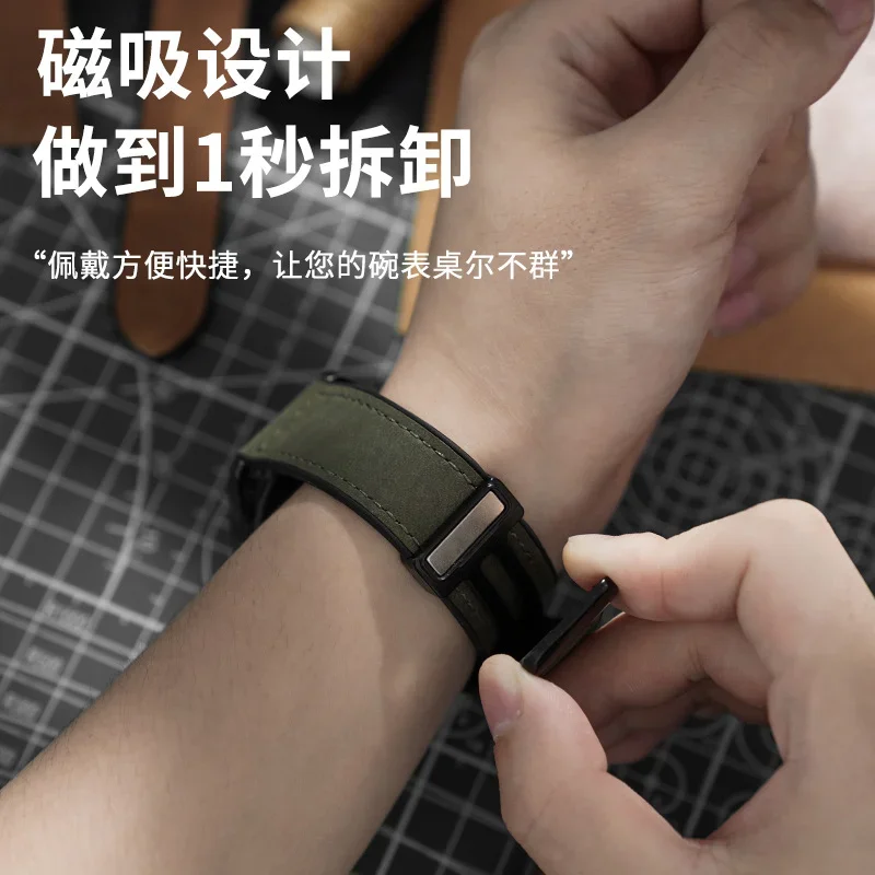 Pulseira de couro com fivela dobrável magnética, capa de silicone, padrão Crazy Horse, Samsung iWatch, Apple Huawei GTwatch4