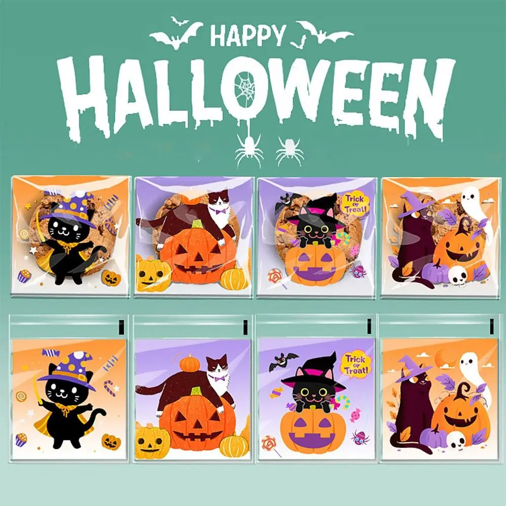100 Uds patrón mixto bolsas de dulces de Halloween 10*10cm + 3cm dibujos animados calabaza murciélago gato bolsa para hornear celofán transparente OPP