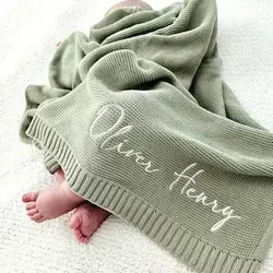 Coperta per bebè, nome ricamato personalizzato, coperta per passeggino, regalo per neonato, maglia di cotone morbido e traspirante, regalo per baby shower