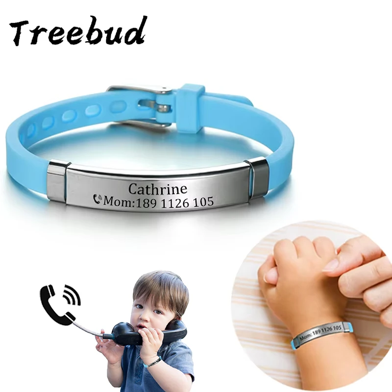 

Treebud Custom Engrave Name ID Phone Number Anti Lost Bracelets For Kids Adults Stainless Steel Silicone Bracelet Jewelry Gifts