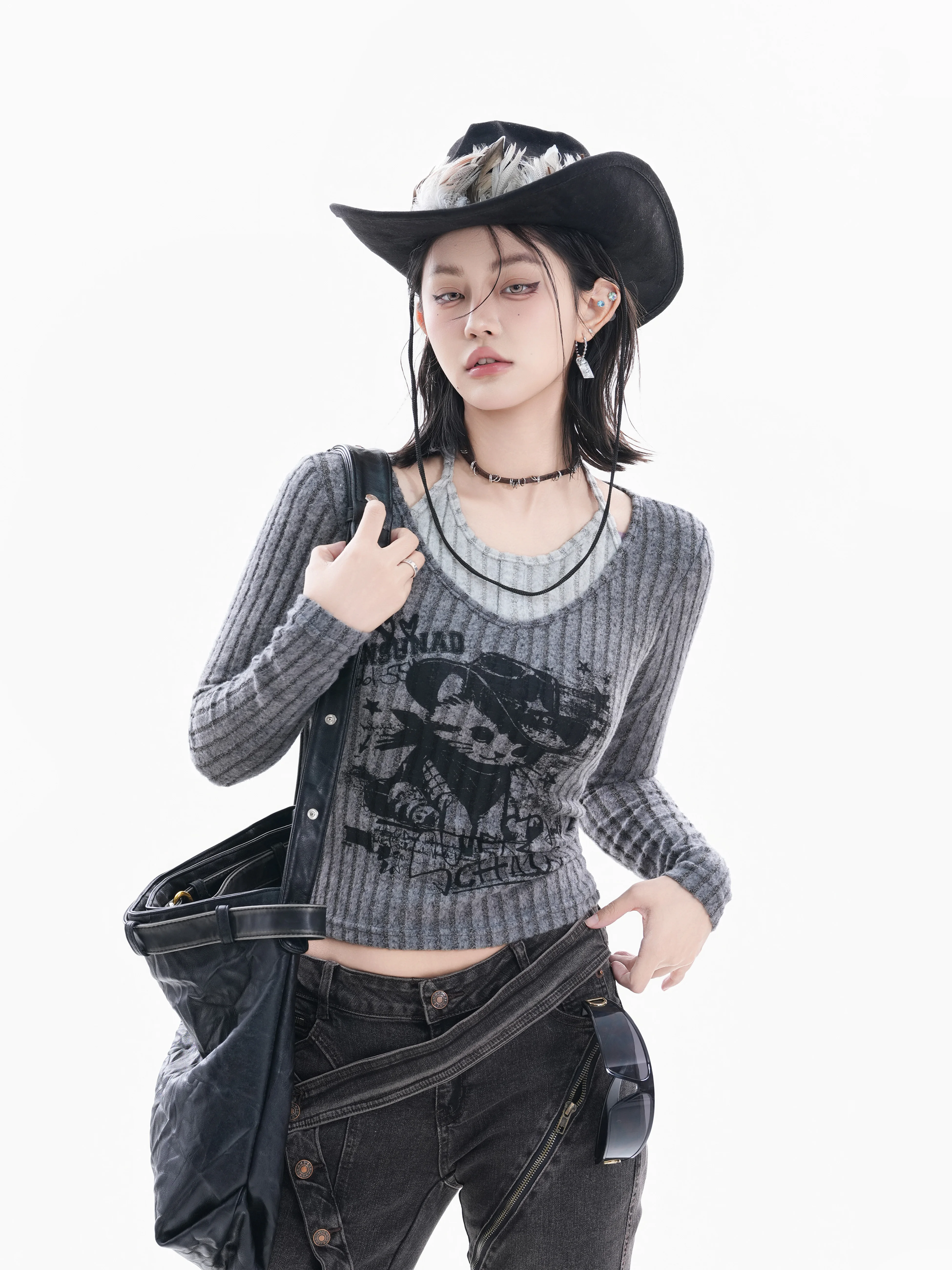 

Women's Slim Fit Long Sleeve T-Shirt round Neck Hanging Neck Design Vintage American Style Casual Wear Polyester Fabric