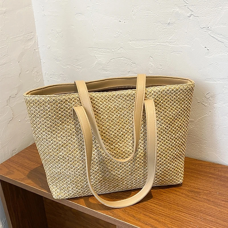 Beach Tote Bag Large Capacity Shoulder Woven Straw Casual Portable Travel Women