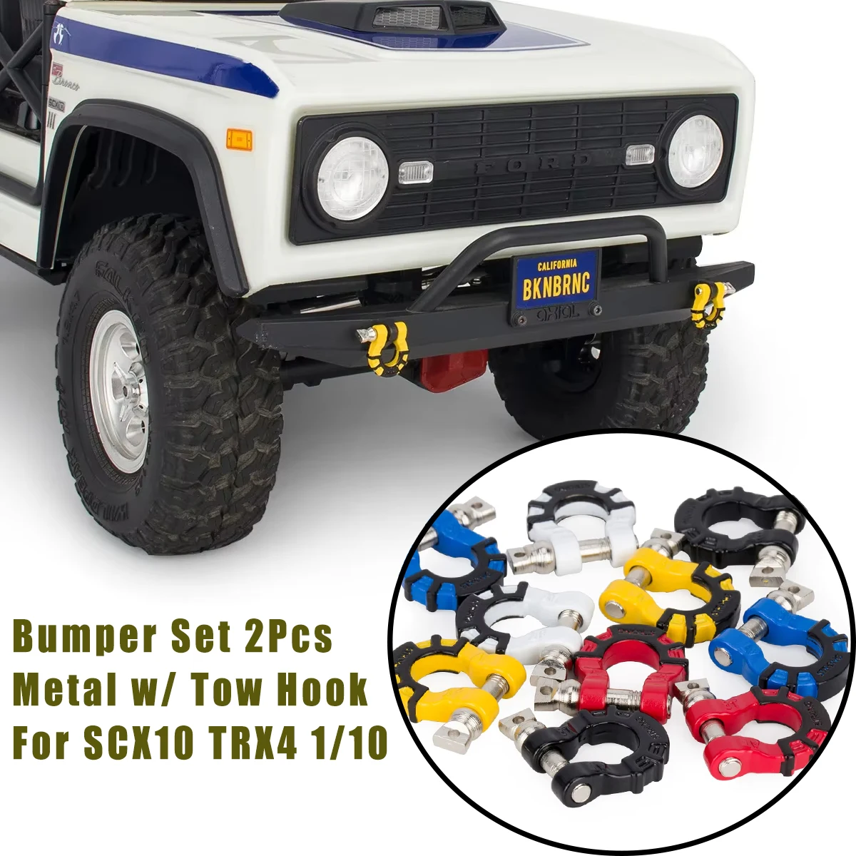 2Pcs Metal Bumper Set Front Rear w/ Tow Hook Shackle for 1/10 – Fits SCX10 TRX4 TRX6 D90 Yikong Parts